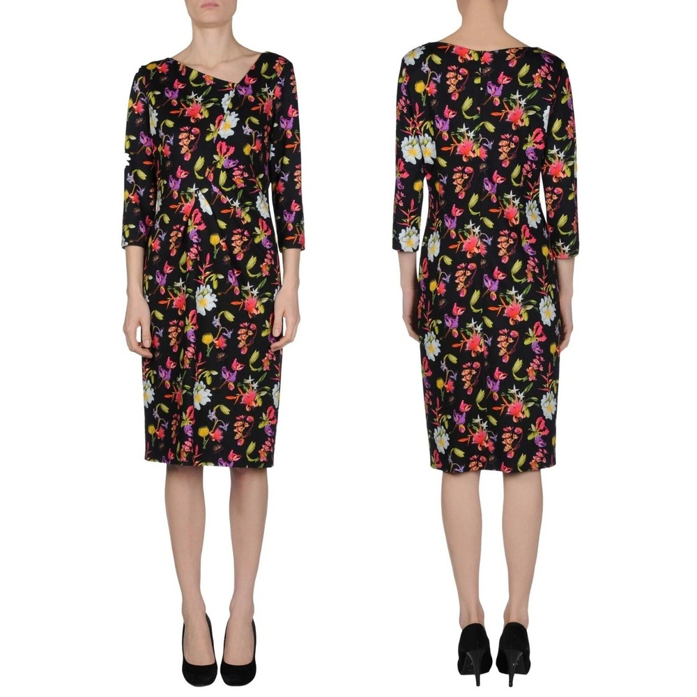 Escada Black Floral Asymmetrical Sheath Dress Size 36 Luxury Designer 3/4 Sleeve